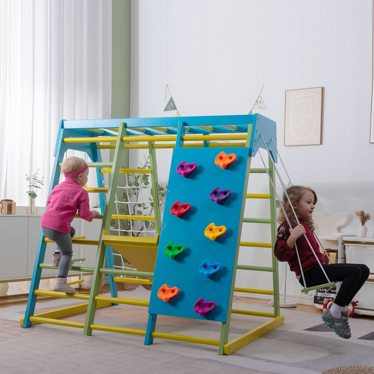 Avenlur Magnolia wooden indoor jungle gym with monkey bars and climbing wall set up in a home playroom