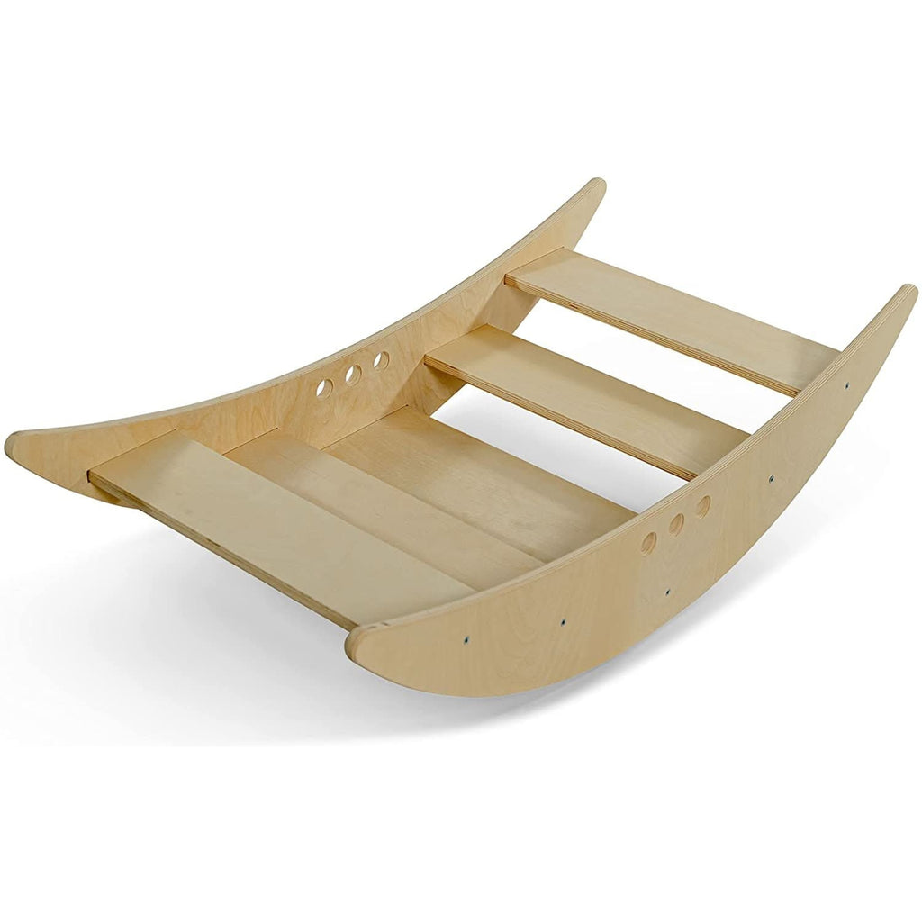 Side view of the Avenlur Rowan 2-in-1 wooden rocking boat and climbing bridge