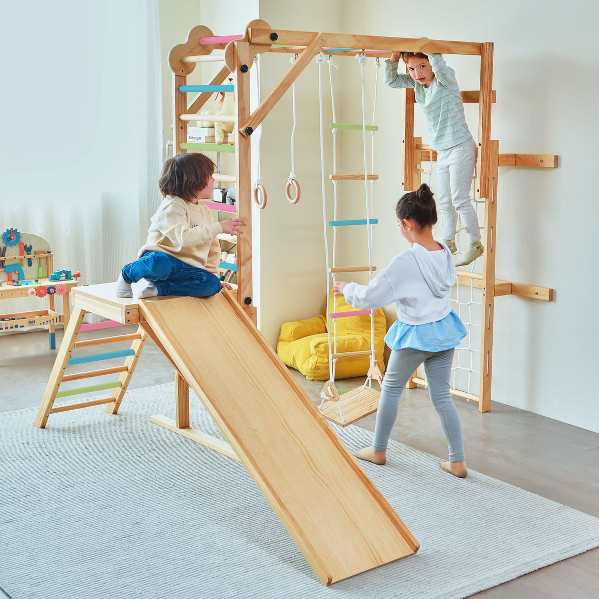 Avenlur Grove foldable indoor jungle gym for kids with slide, climbing net and monkey bars